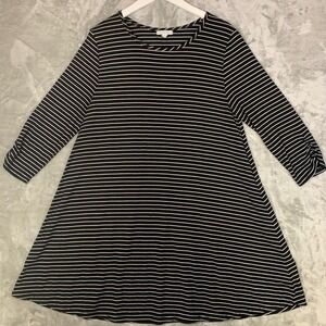Garnet Hill Black White Striped Dress 3/4 Ruched Sleeve A-Line Large Coastal